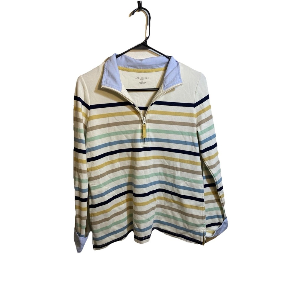 Appleseed's Pullover Quarter Zip Petite PS Multi Striped Casual Nautical‎ Preppy